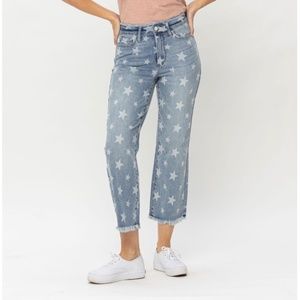 JUDY BLUE HIGH WAIST STAR PRINT CROPPED STRAIGHT JEANS